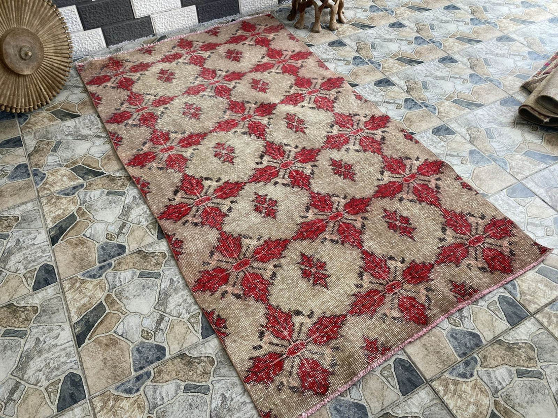 Vintage Turkish Area Rug 4x7 ft | Hand-Knotted Wool Carpet Bold Geometric Tribal