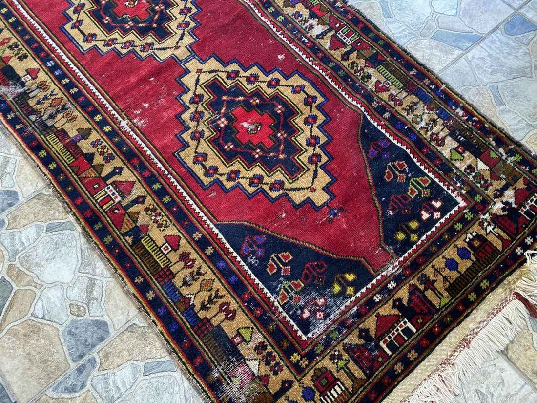 Vintage Turkish Tribal Rug | 3 x 9 ft Farmhouse Hand-Knotted Wool Geometric Rug