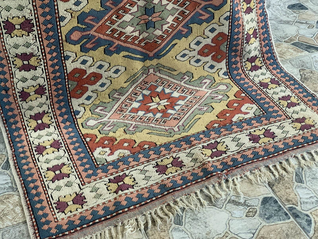 Vintage Handmade Turkish Wool Rug Anatolian Farmhouse Geometric Oushak 4.1x5.4ft