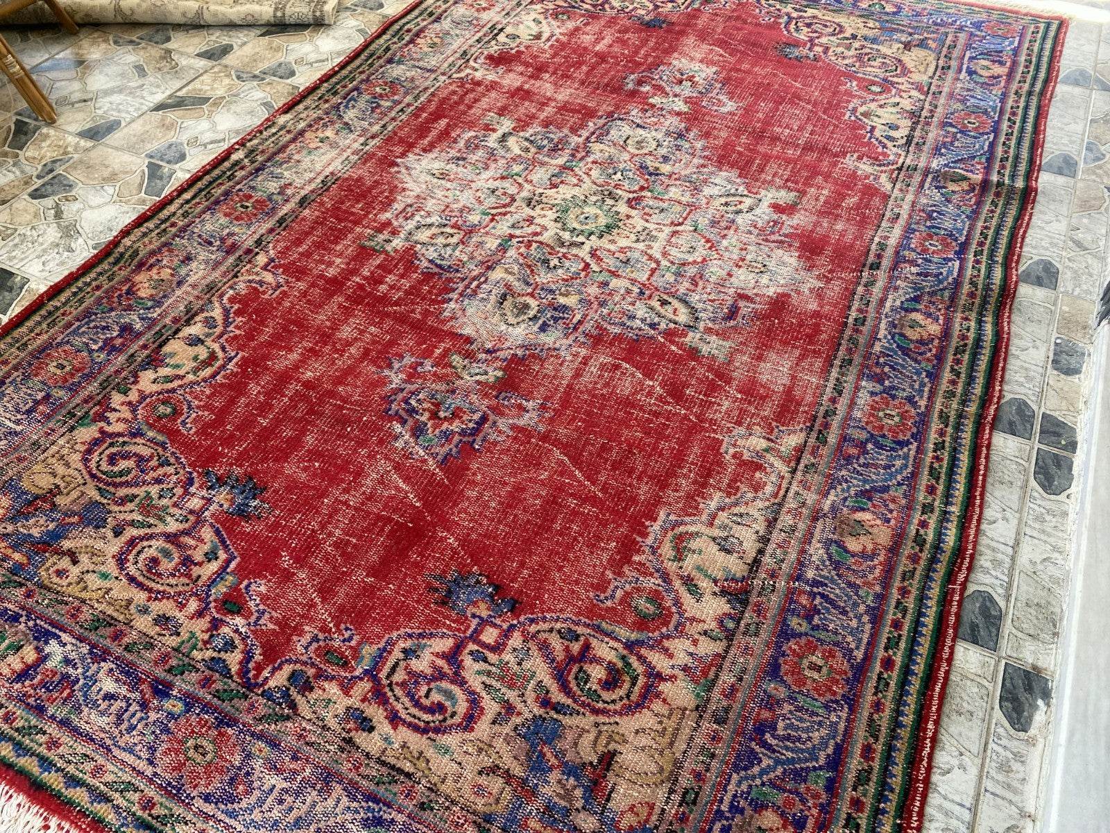 Vintage Anatolian Area Rug | 6.1 x 9.8 ft Hand-Knotted Wool Faded Rustic Carpet