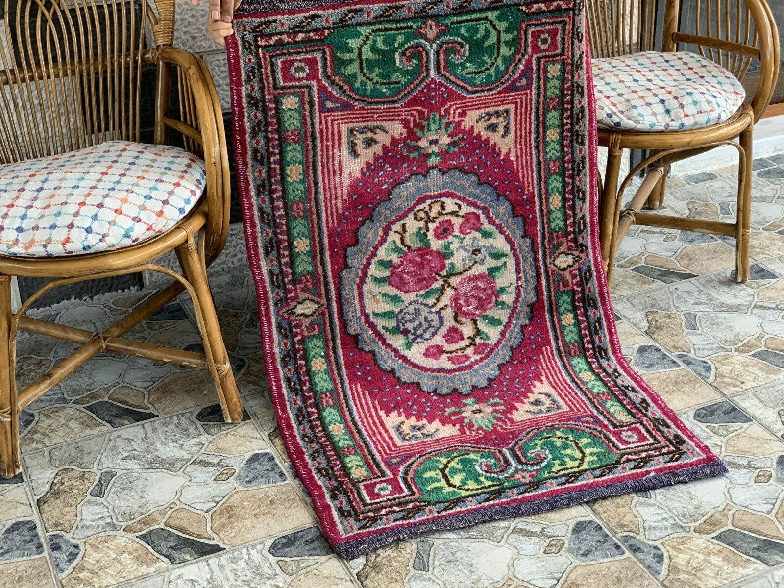 Small Turkish Vintage Oushak Rug Handmade Farmhouse Geometric Wool Rug 2.5x4.1ft