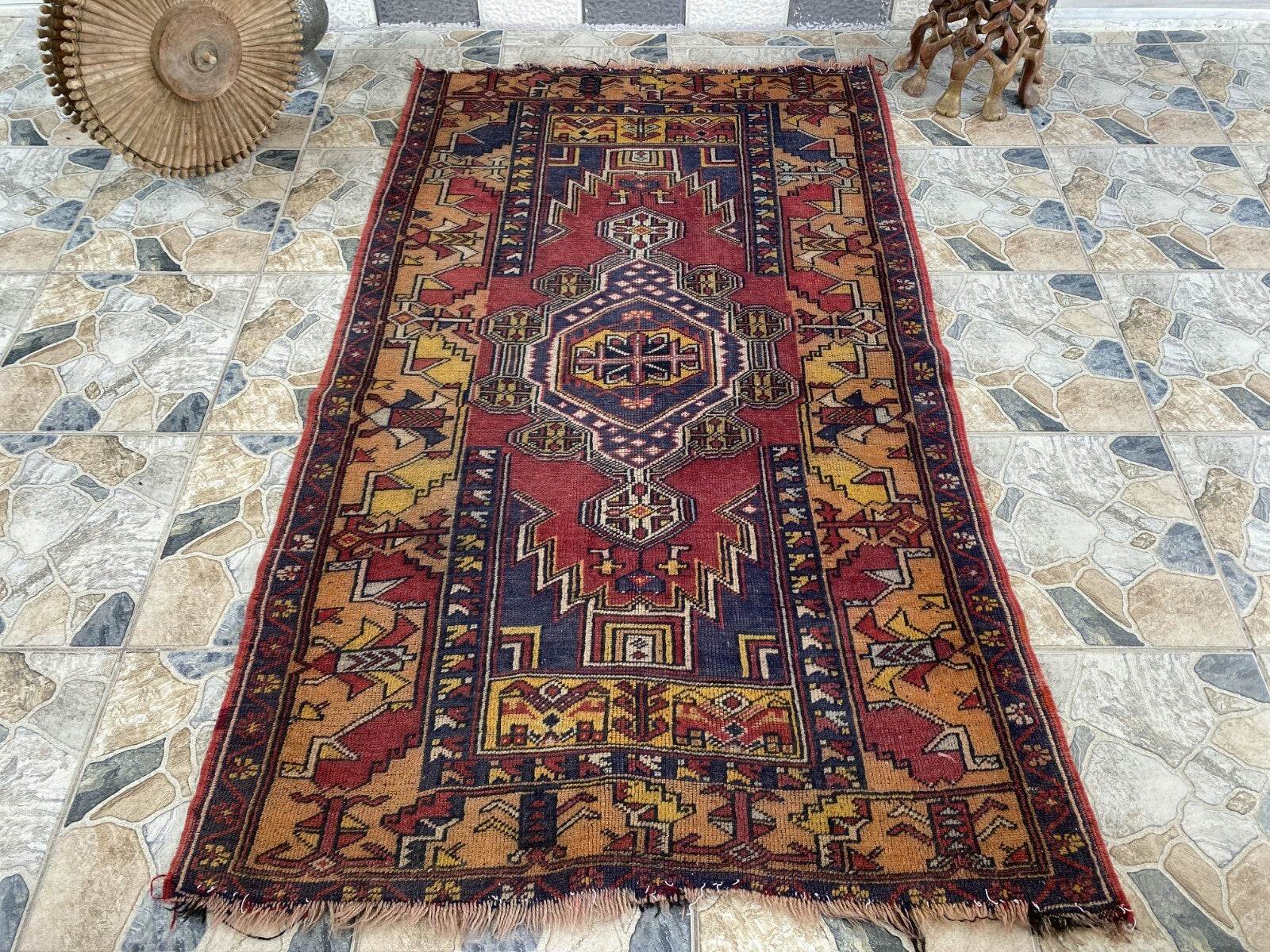 Vintage Turkish Anatolian Rug | 4 x 6.6 ft | Handknotted Geometric Wool Carpet