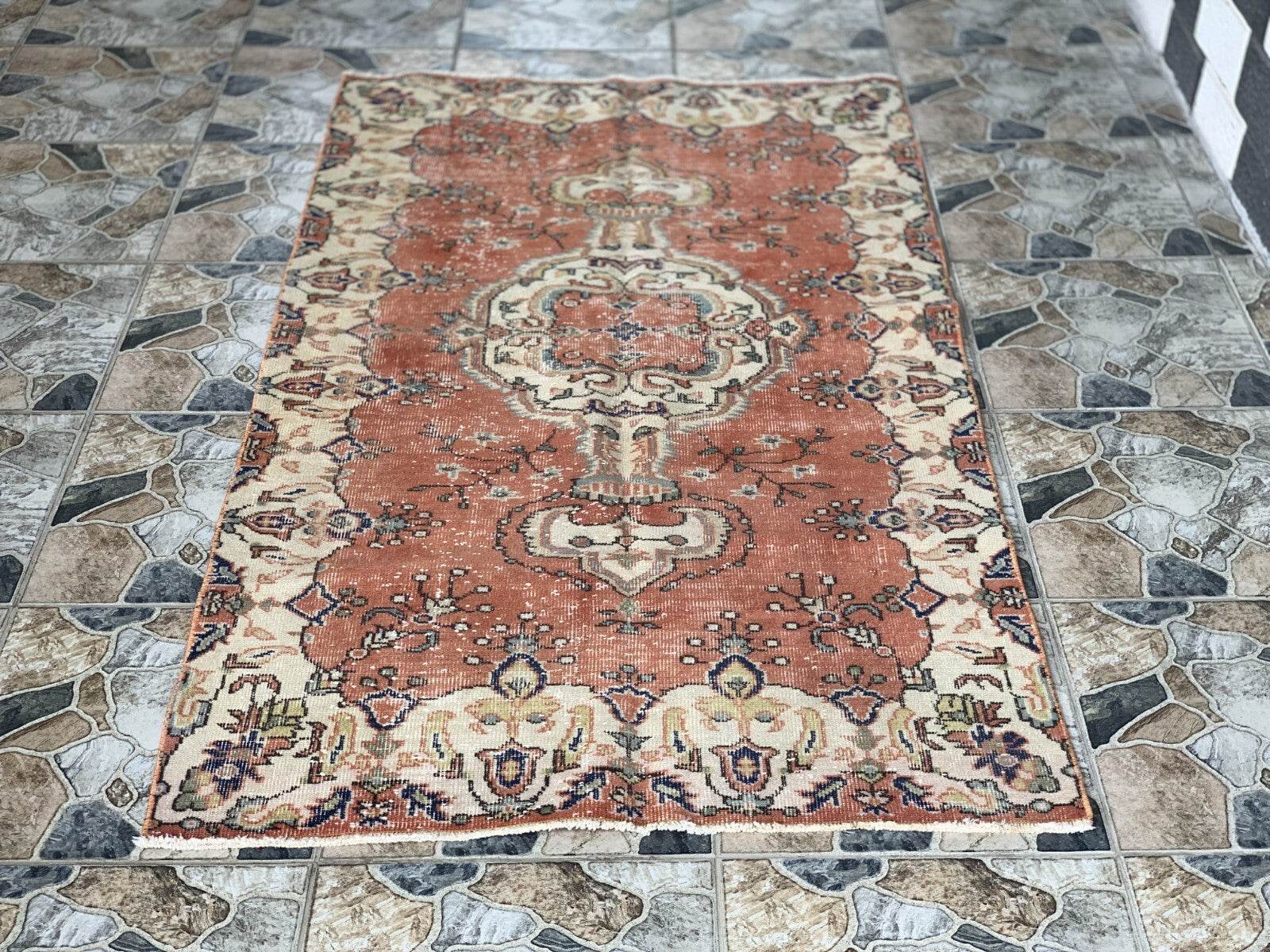 Vintage Rug, Turkish Oushak Wool Handmade Farmhouse Geometric Area Rug 3.6x6.8ft