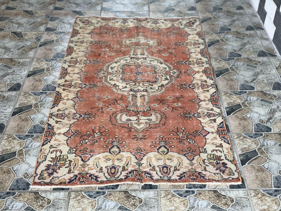 Vintage Rug, Turkish Oushak Wool Handmade Farmhouse Geometric Area Rug 3.6x6.8ft