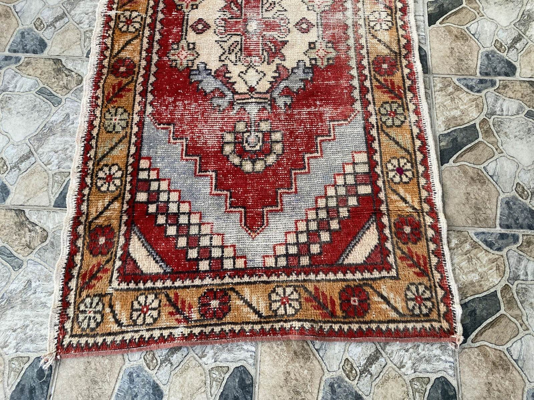 Vintage Turkish Oushak Rug, 3 x 9 ft Red Handmade Wool Antique Tribal Runner Rug