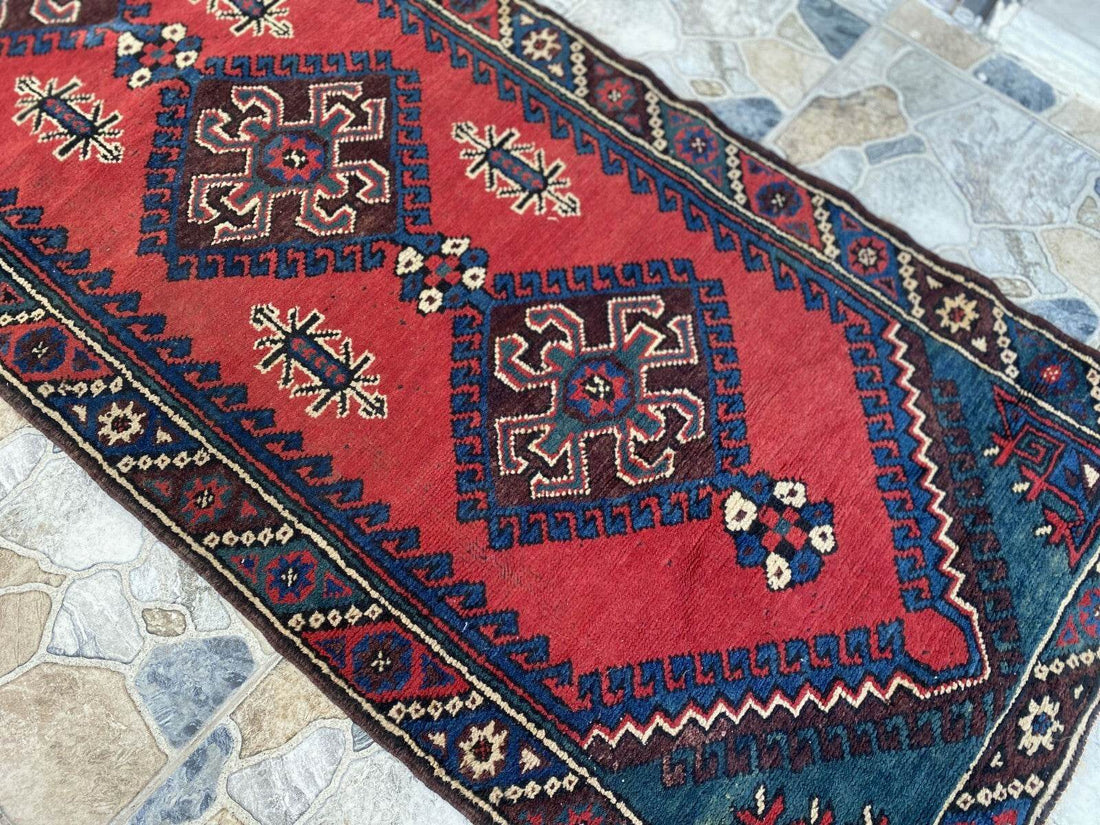 Geometric Turkish Vintage Rug,Farmhouse Handmade Anatolian Village Rug 2.6x9.8Ft