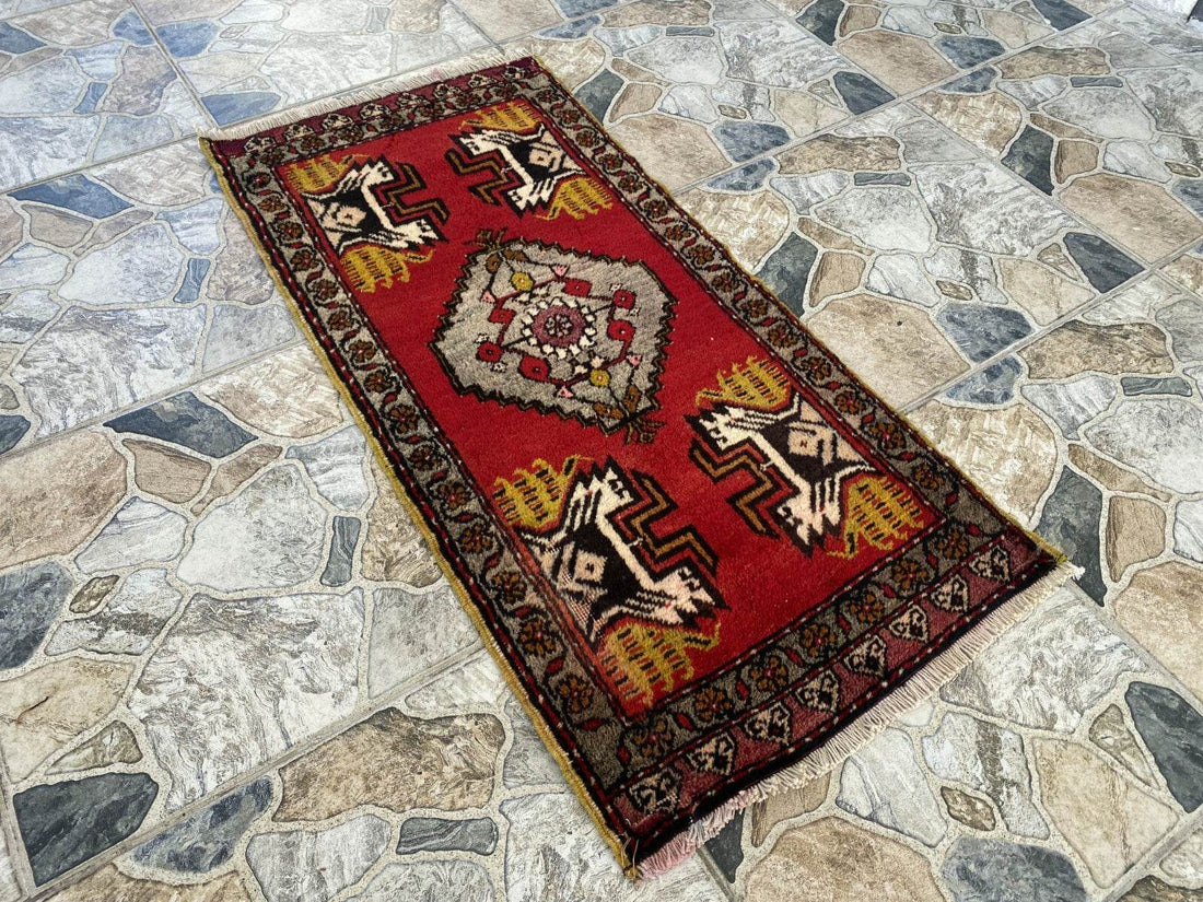 Vintage Rug | Small AntiqueWool Farmhouse Anatolian Handmade Turkish 1.7x3.5ft