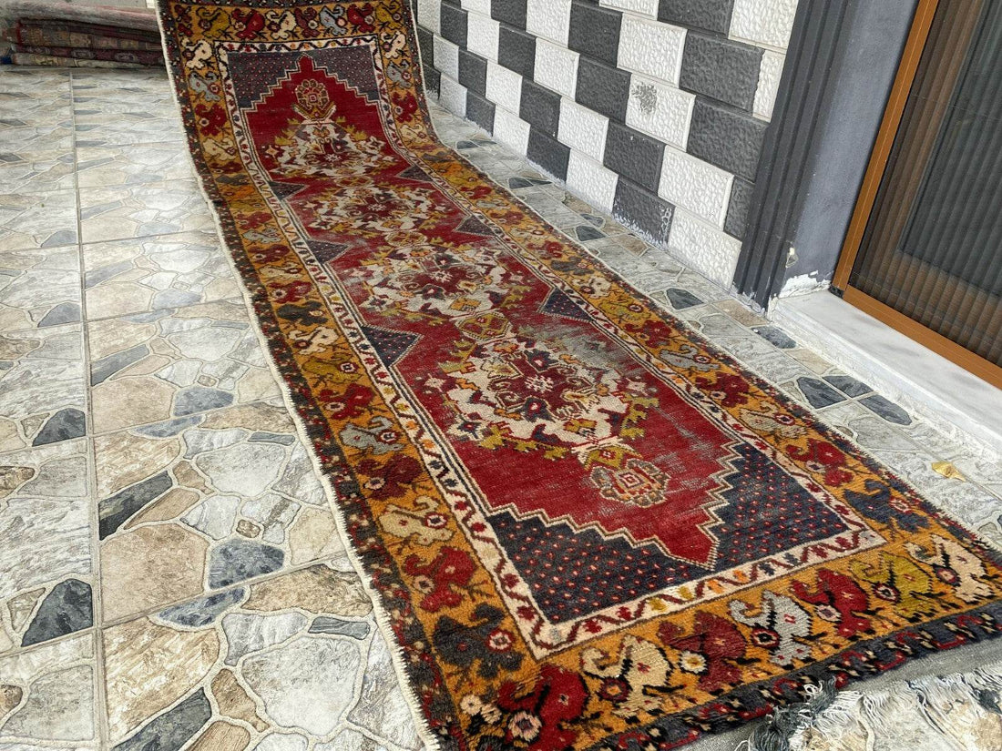 Vintage Turkish Wool Rug - Handmade Antique Red Oushak Kurdish Runner Rug 3x9 ft