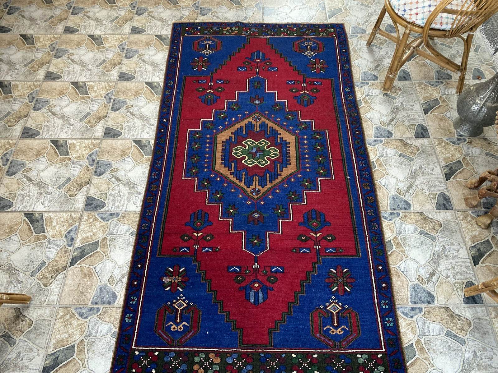 Vintage Rug | Wool Area Antique Farmhouse Anatolian Handmade Turkish Rug 4x7ft