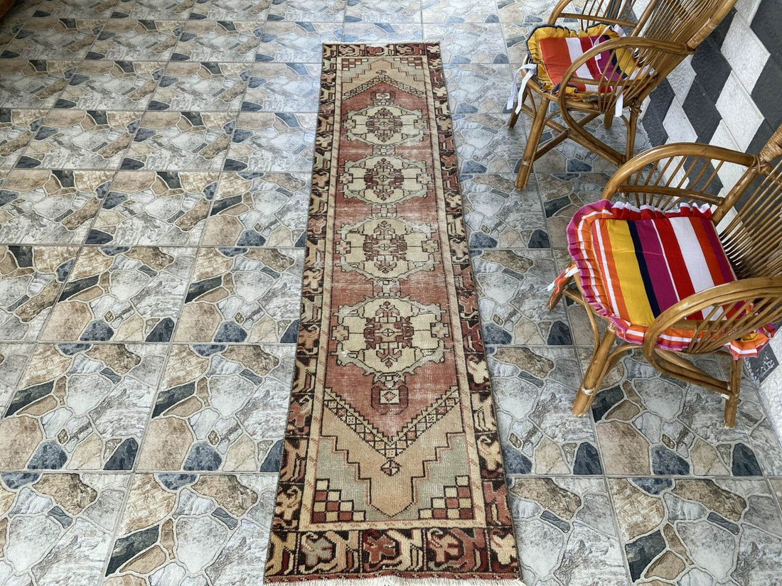 Vintage Rug | Wool Runner Antique Farmhouse Anatolian Handmade Turkish Rug 2x9ft