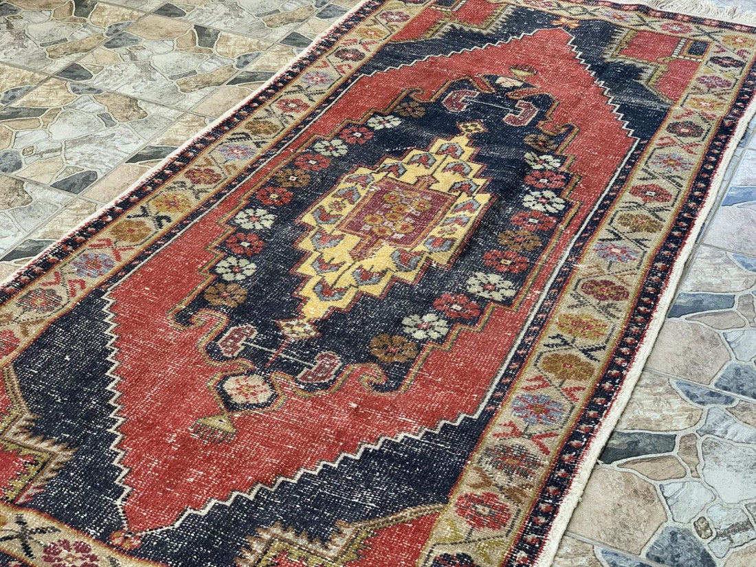 Vintage Oushak Geometric Rug, Handmade Turkish Anatolian Wool Carpet 4.2x8.6