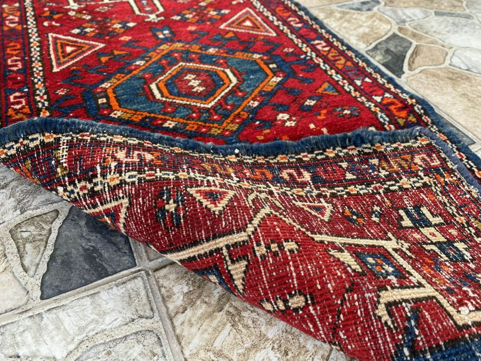 Vintage Persian Style Runner Rug | 1.8 x 6.6 ft Hand-Knotted Wool | Red & Blue Tribal