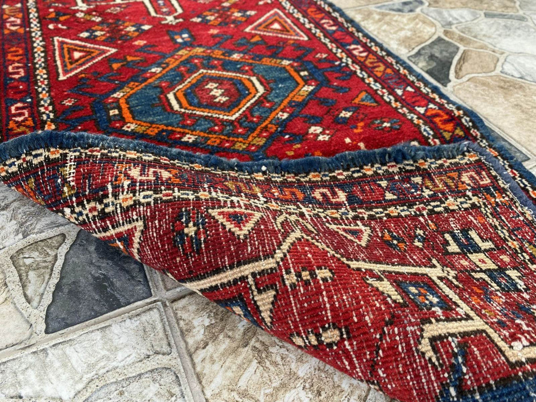 Vintage Persian Style Runner Rug | 1.8 x 6.6 ft Hand-Knotted Wool | Red & Blue Tribal