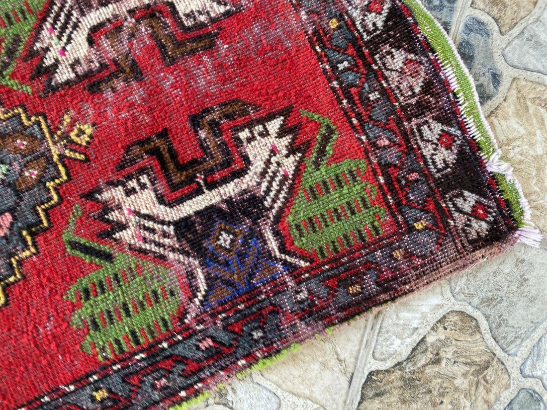 Vintage Turkish Small Rug | 1.6 x 3.3 ft Hand-Knotted Wool | Red Geometric Mat