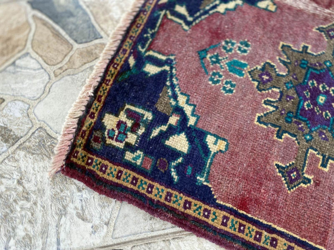 Vintage Turkish Oushak Rug, 1x3 ft Terracotta Handmade Wool Antique Tribal Small