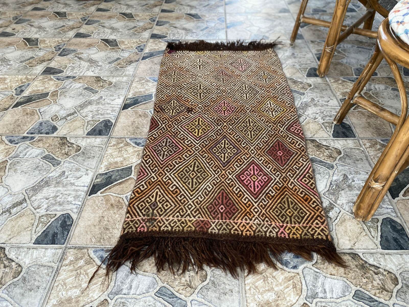 Vintage Turkish Oushak Rug, 1.8x3.7ft Red Handmade Wool Antique Tribal Small Rug