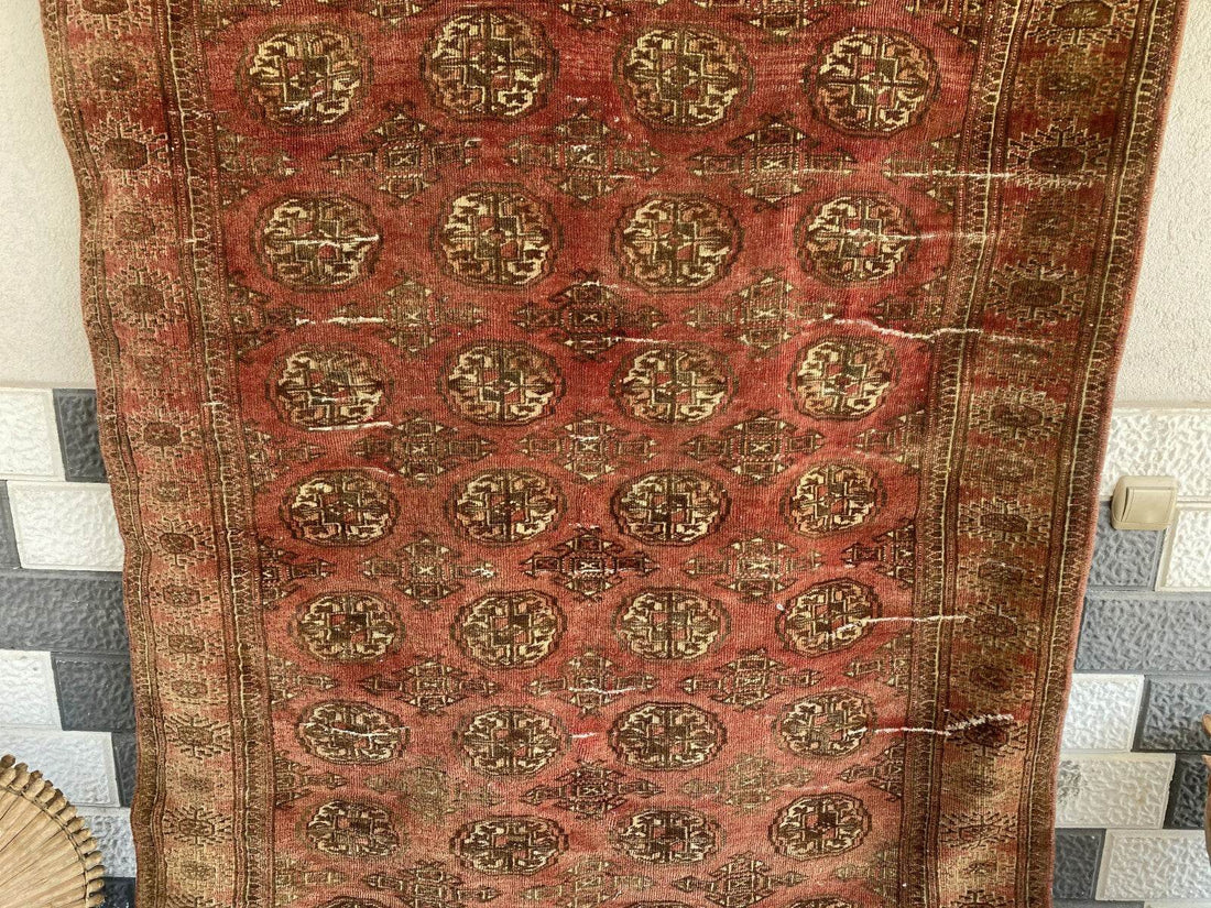 VINTAGE RUG HAND-KNOTTED Afghan Style BUKHARA handmade wool RED antique farmhouse rug