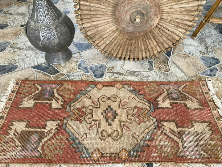 Vintage Turkish Wool Rug, Hand-Knotted Antique Geometric Oushak Small Runner 1x3