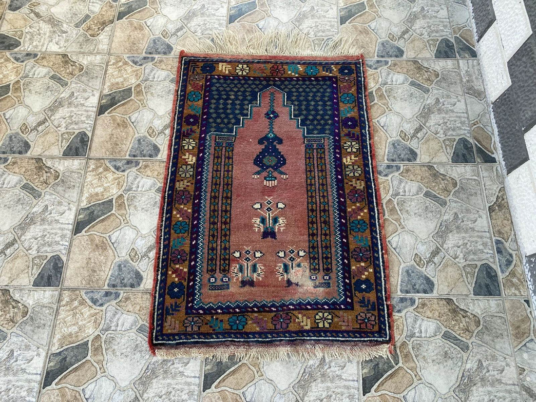 Vintage Turkish Oushak Rug, 2 x 3 ft Pink Handmade Wool Antique Tribal Small Rug