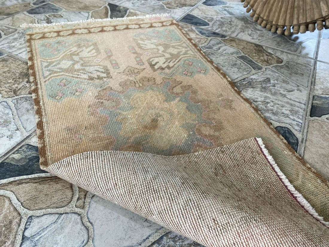 Distressed Vintage Turkish Rug Faded Pastel Wool Boho Accent Mat Runner 1x3 ft