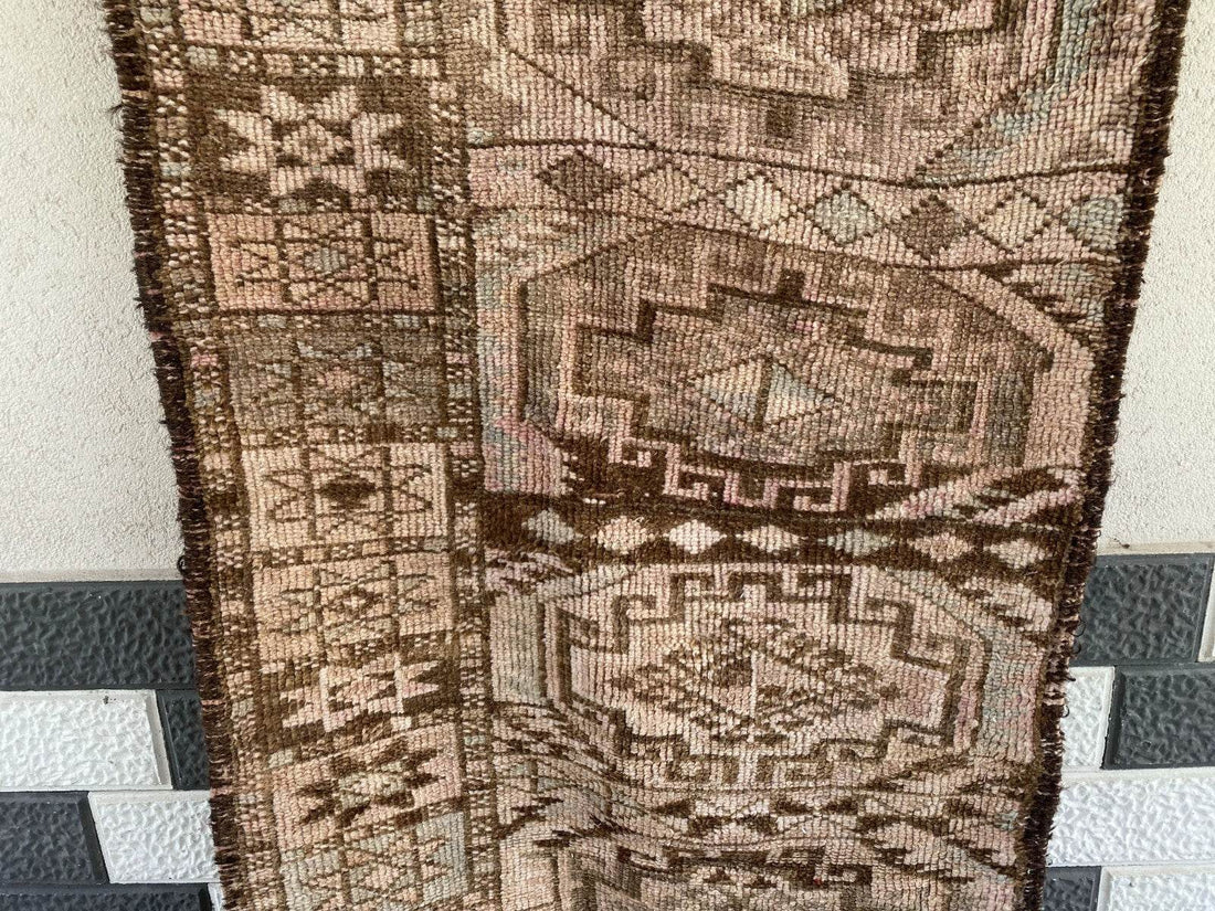 Vintage Kurdish Herki Rug | 1960s Brown Anatolian Hand-Knotted Wool Runner Rug