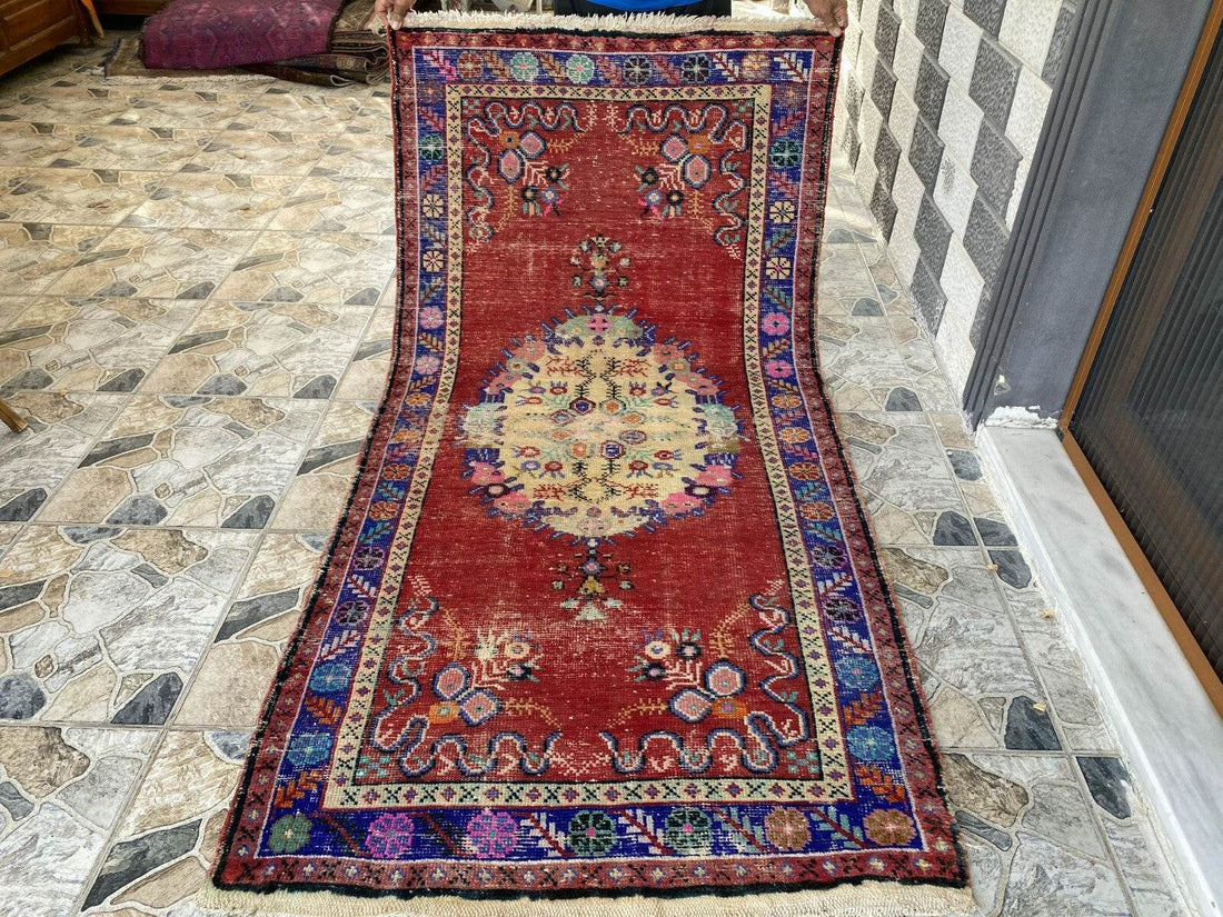 Geometric Turkish Vintage Rug, Tribal Handmade Anatolian Village Rug 3.3x6.8 ft