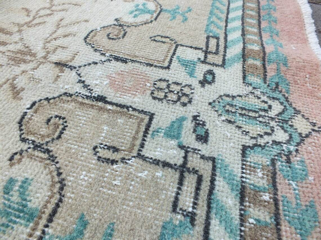 Vintage Oushak Farmhouse Rug, Turkish Anatolian Handknotted Wool Area 3.9x7.3 ft