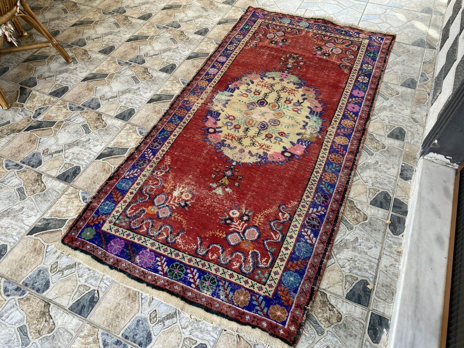 Geometric Turkish Vintage Rug, Tribal Handmade Anatolian Village Rug 3.3x6.8 ft