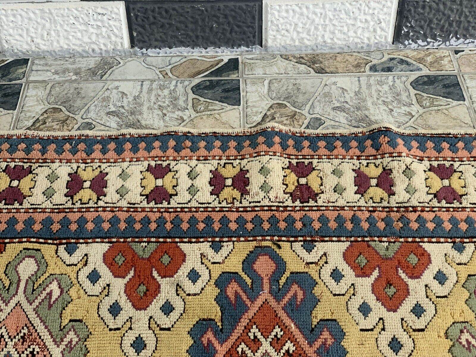 Vintage Handmade Turkish Wool Rug Anatolian Farmhouse Geometric Oushak 4.1x5.4ft