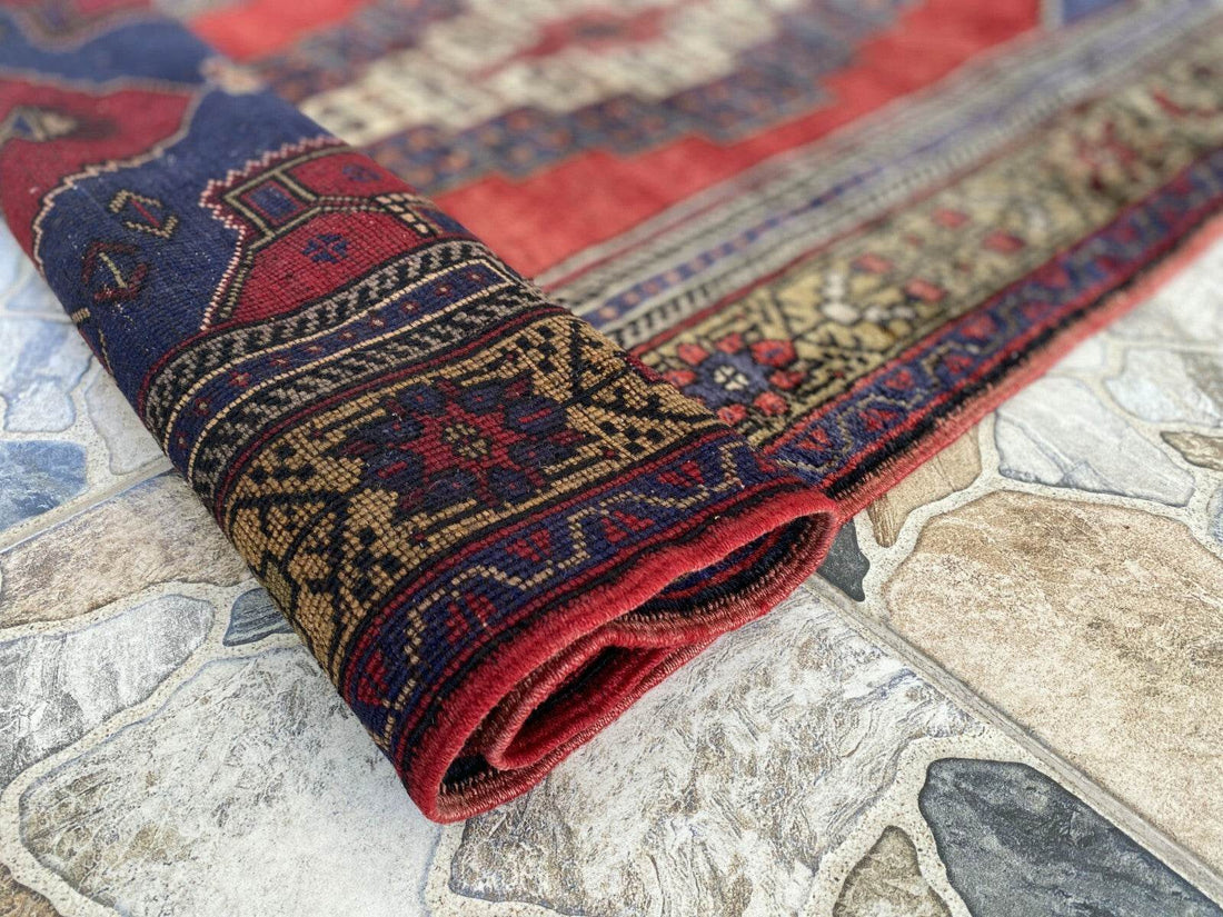 Vintage Turkish Oushak Rug 3x7 ft | Hand-Knotted Wool Anatolian Red Antique Rug