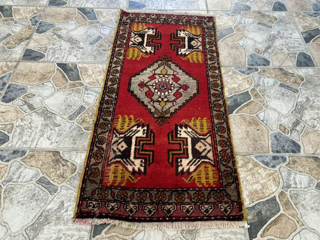 Vintage Rug | Small AntiqueWool Farmhouse Anatolian Handmade Turkish 1.7x3.5ft