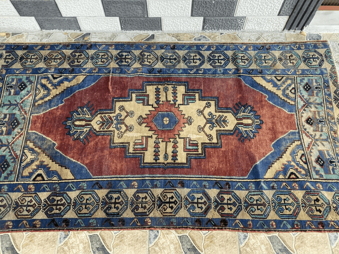 Pre 1950's Vintage Turkish Rug | Antique Tribal Handmade Wool Carpet 3.9x7.1 ft