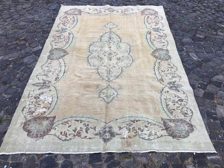 Large Turkish Vintage Oushak Rug, Farmhouse Handmade Wool Floral Rug 6.3x9.4 Ft