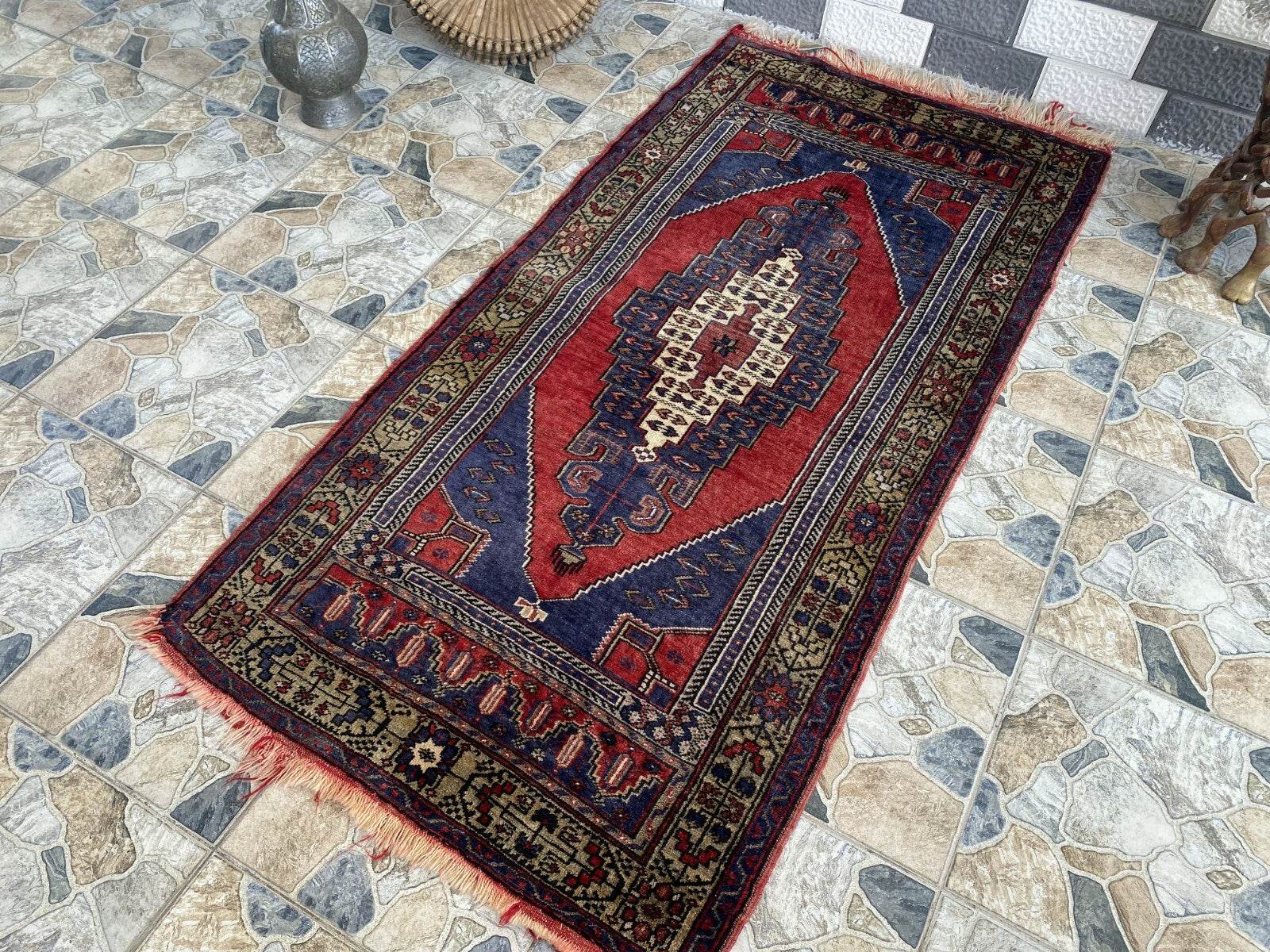Vintage Turkish Oushak Rug 3x7 ft | Hand-Knotted Wool Anatolian Red Antique Rug