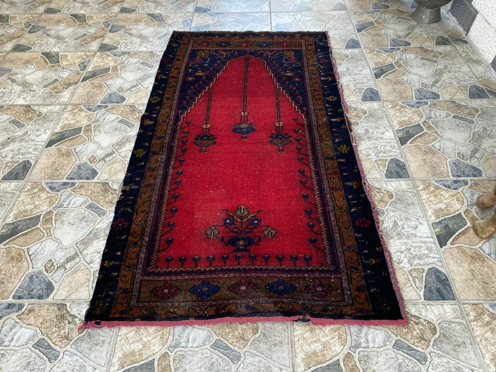 Vintage Hand-Knotted Wool Rug 2.6 x 5.2 ft Nomadic Faded Anatolian Prayer Carpet