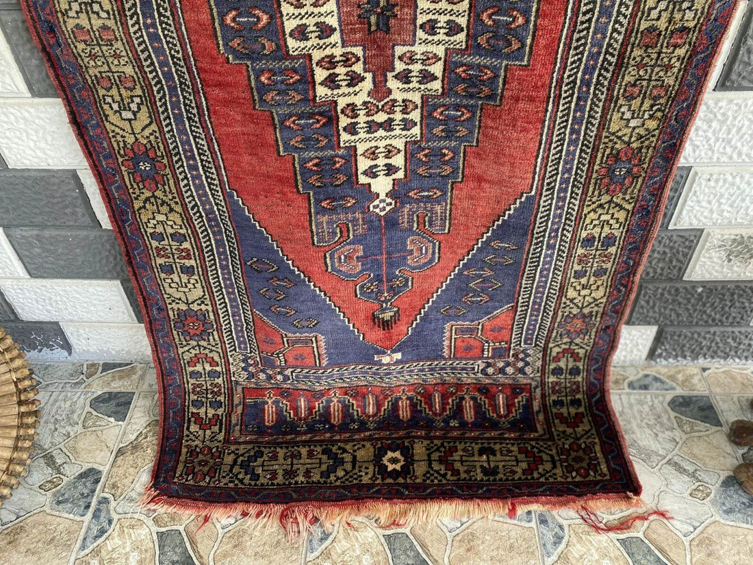 Vintage Turkish Oushak Rug 3x7 ft | Hand-Knotted Wool Anatolian Red Antique Rug