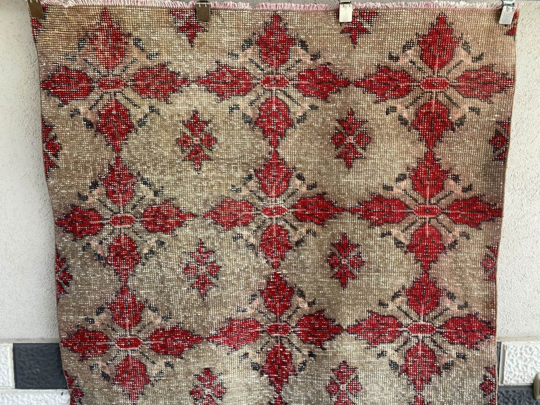Vintage Turkish Area Rug 4x7 ft | Hand-Knotted Wool Carpet Bold Geometric Tribal