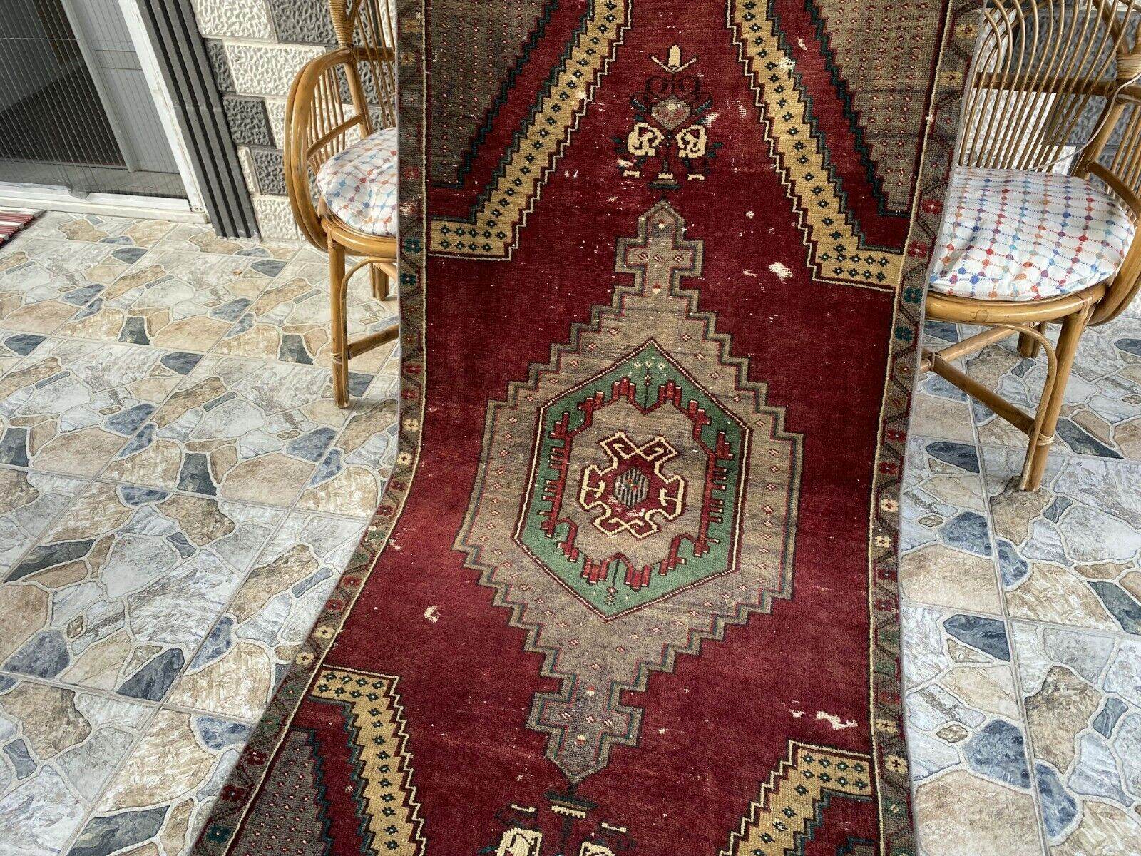 Vintage Turkish Rug | Burgundy Handmade Wool Geometric Antique Anatolian 3.2x7.7