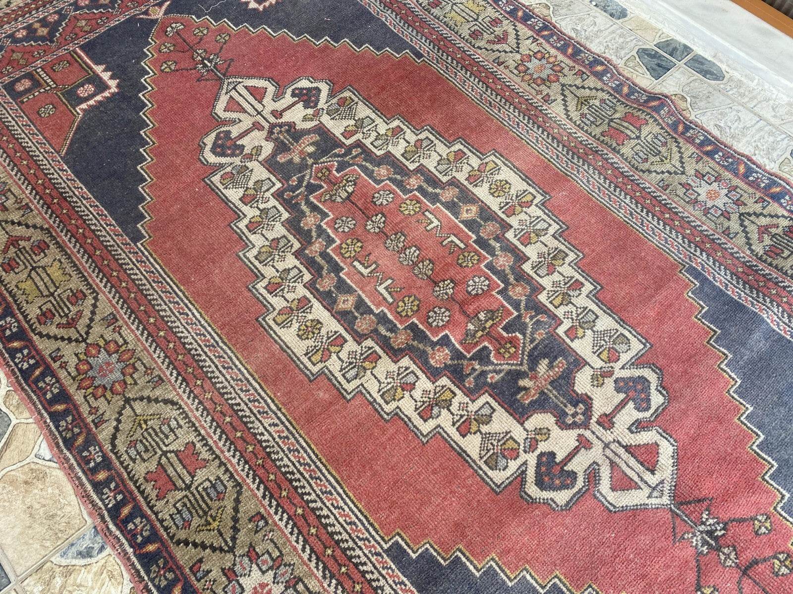Vintage Turkish Oushak Rug, 5.0x9.7 ft Red Handmade Wool Antique Tribal Area Rug