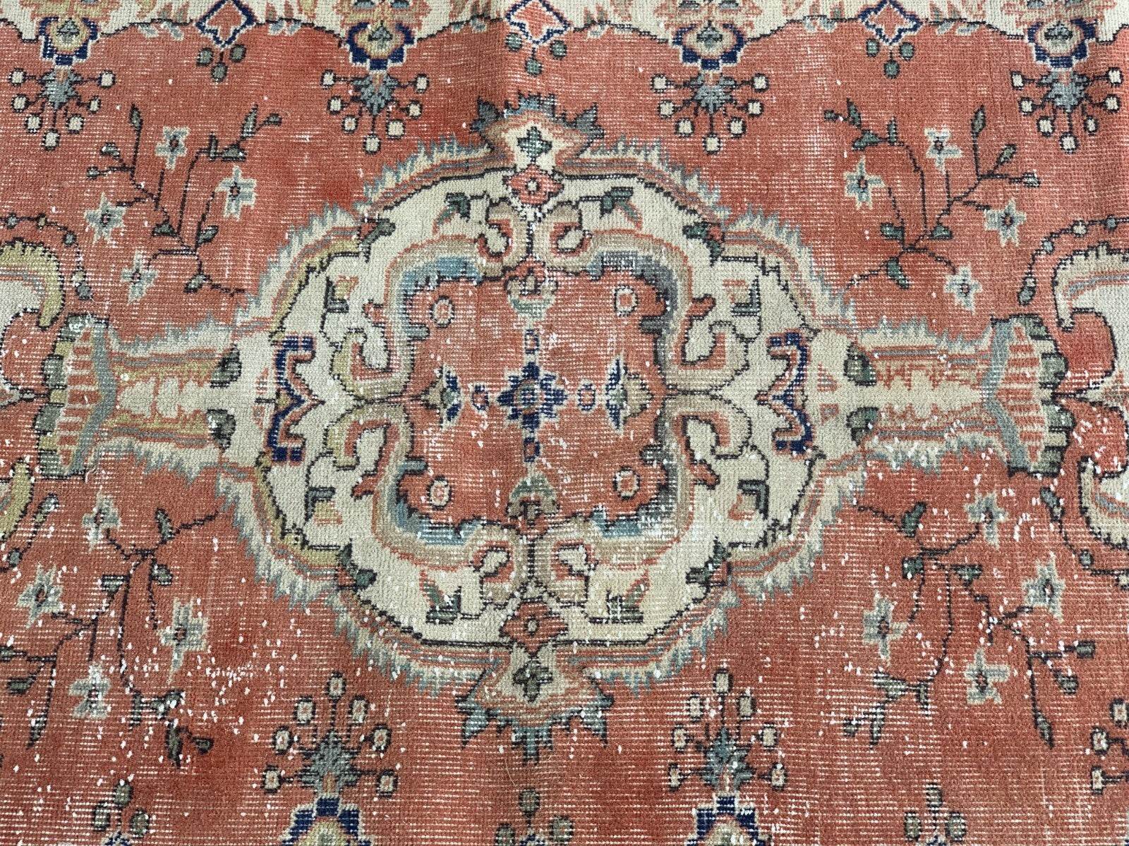 Vintage Rug, Turkish Oushak Wool Handmade Farmhouse Geometric Area Rug 3.6x6.8ft