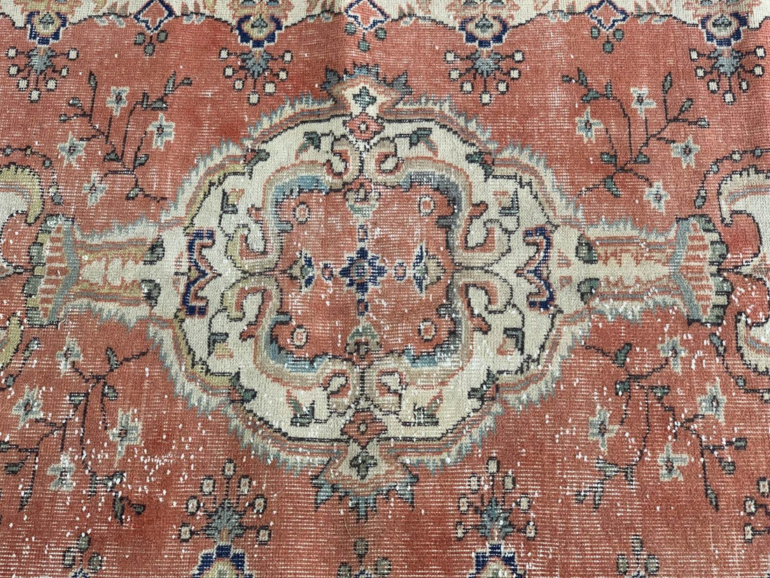 Vintage Rug, Turkish Oushak Wool Handmade Farmhouse Geometric Area Rug 3.6x6.8ft