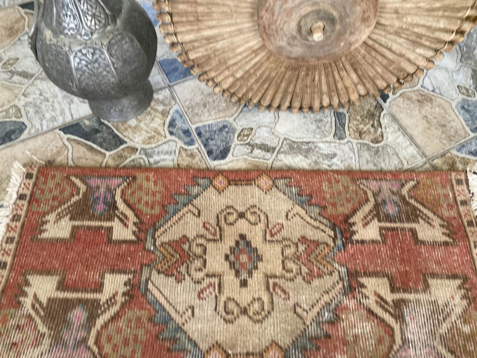 Vintage Turkish Wool Rug, Hand-Knotted Antique Geometric Oushak Small Runner 1x3