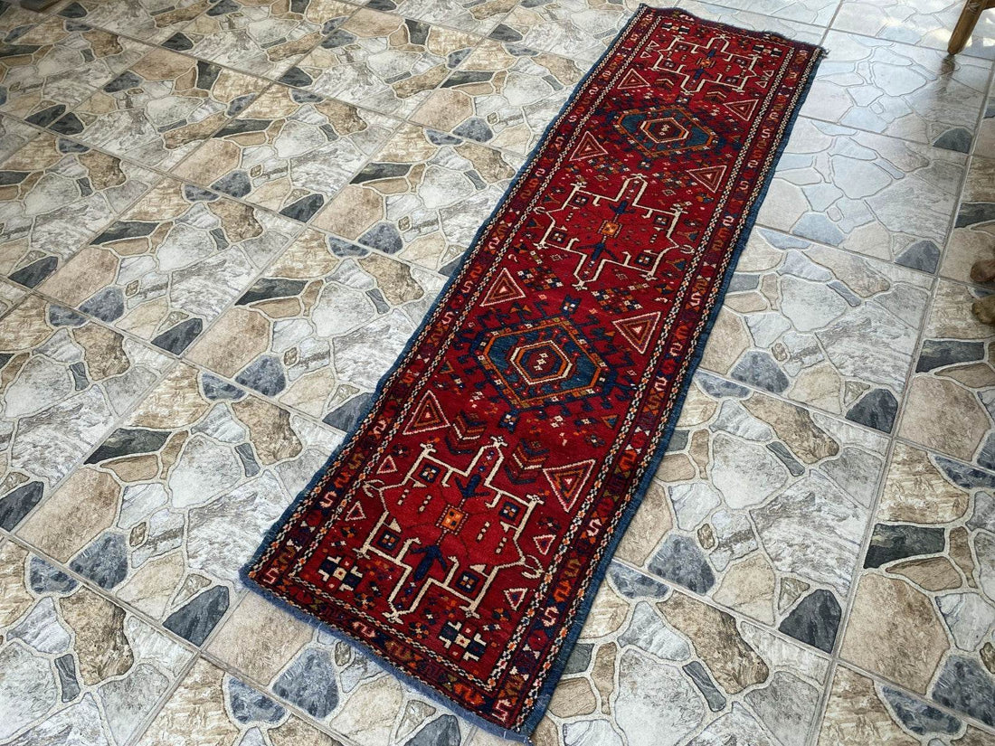 Vintage Persian Style Runner Rug | 1.8 x 6.6 ft Hand-Knotted Wool | Red & Blue Tribal