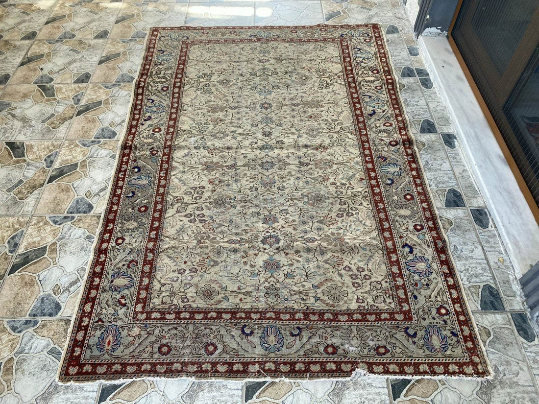Vintage Anatolian Area Rug | 4.5x6.8 ft Antique Turkish Oushak | Faded Farmhouse