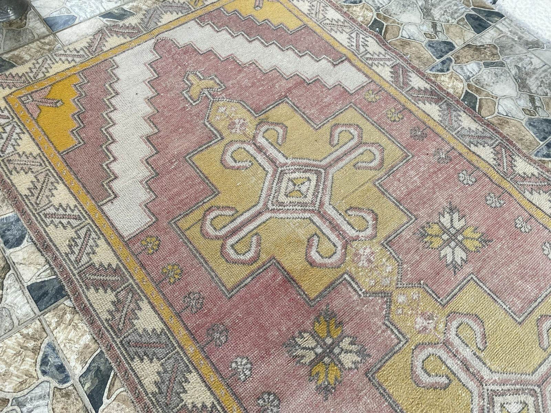 Vintage Turkish Oushak Rug, 4 x 8 ft Handmade Pink Wool Antique Tribal Area Rug