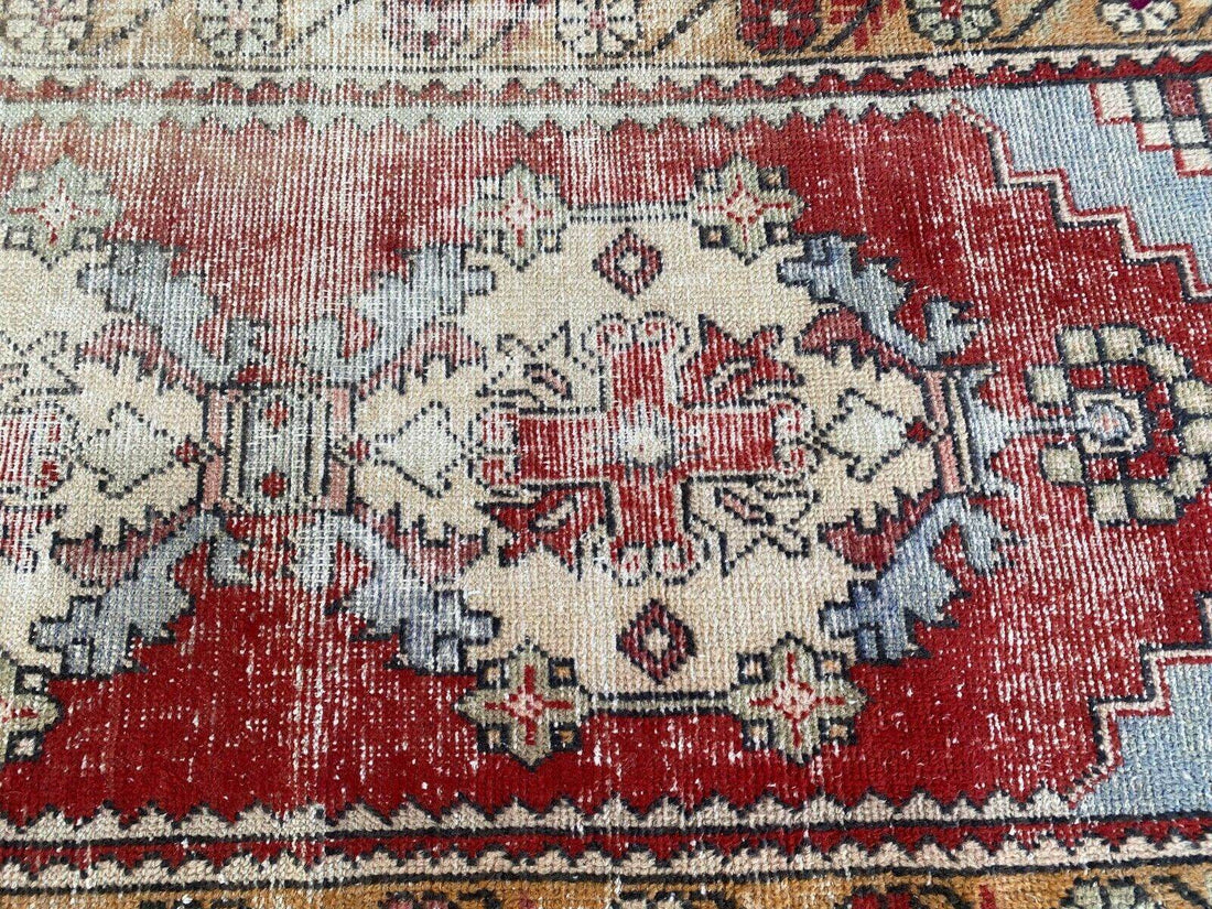 Vintage Turkish Oushak Rug, 3 x 9 ft Red Handmade Wool Antique Tribal Runner Rug