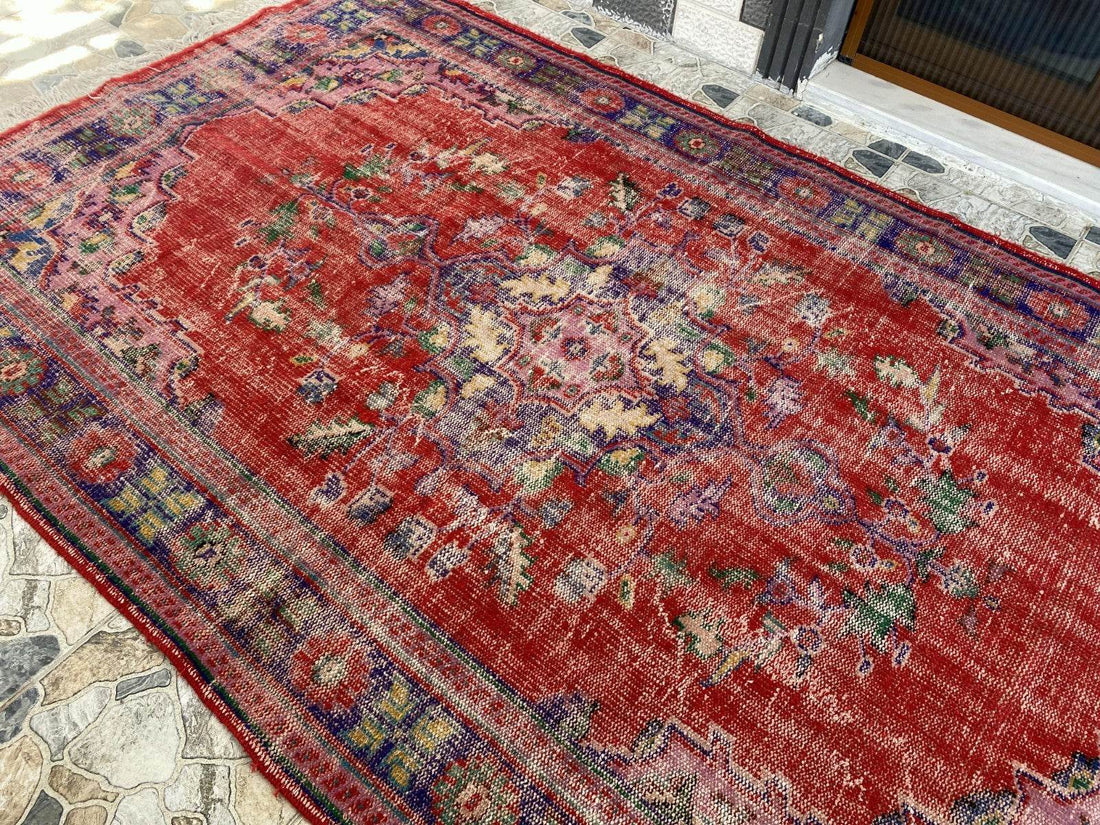 Vintage Hand-Knotted Wool Rug | 6.0 x 9.8 ft Anatolian Area Carpet Faded Tribal