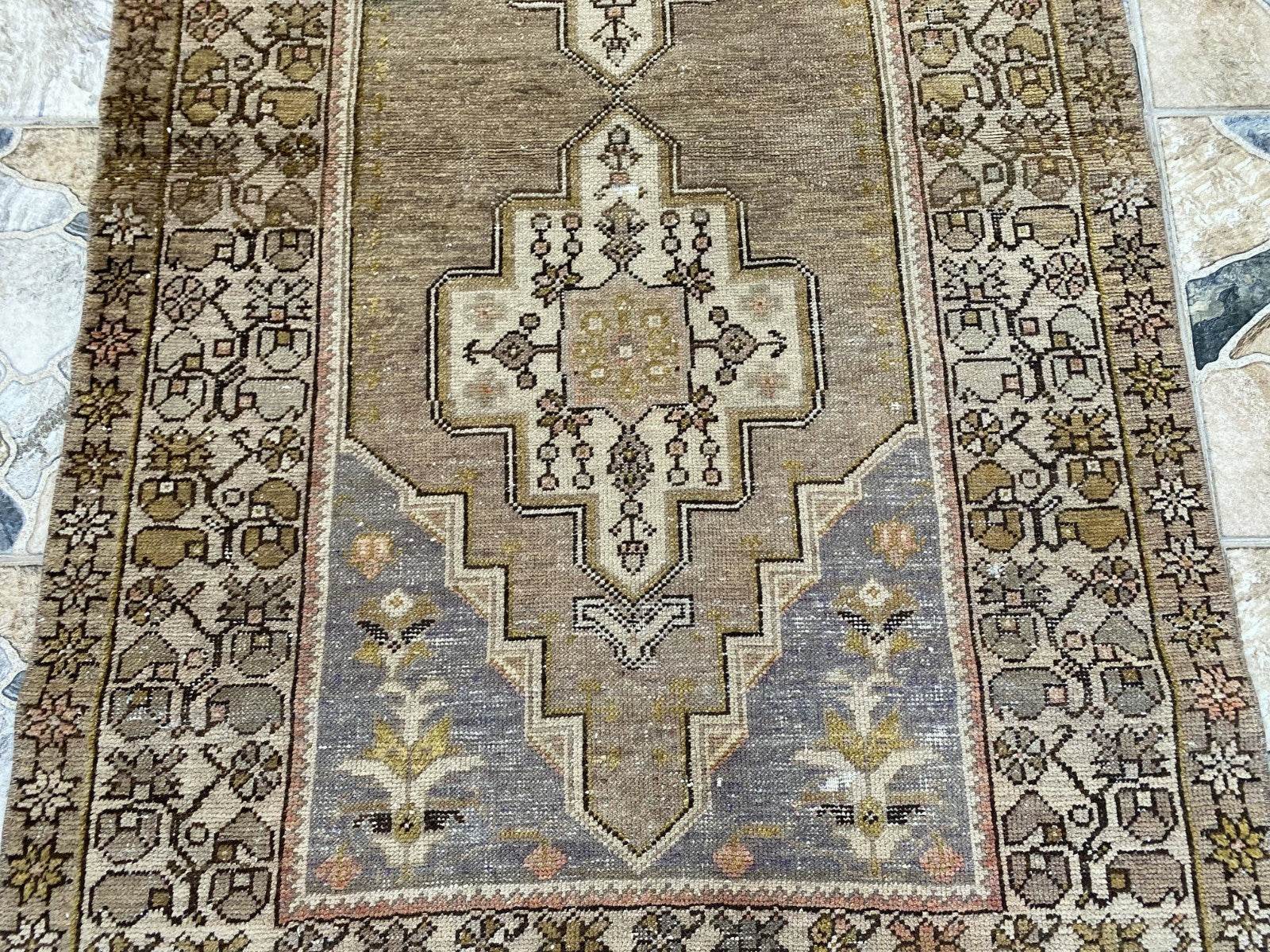 Vintage Turkish Wool Rug Hand-Knotted Antique Geometric Oushak Tribal Area 3x6