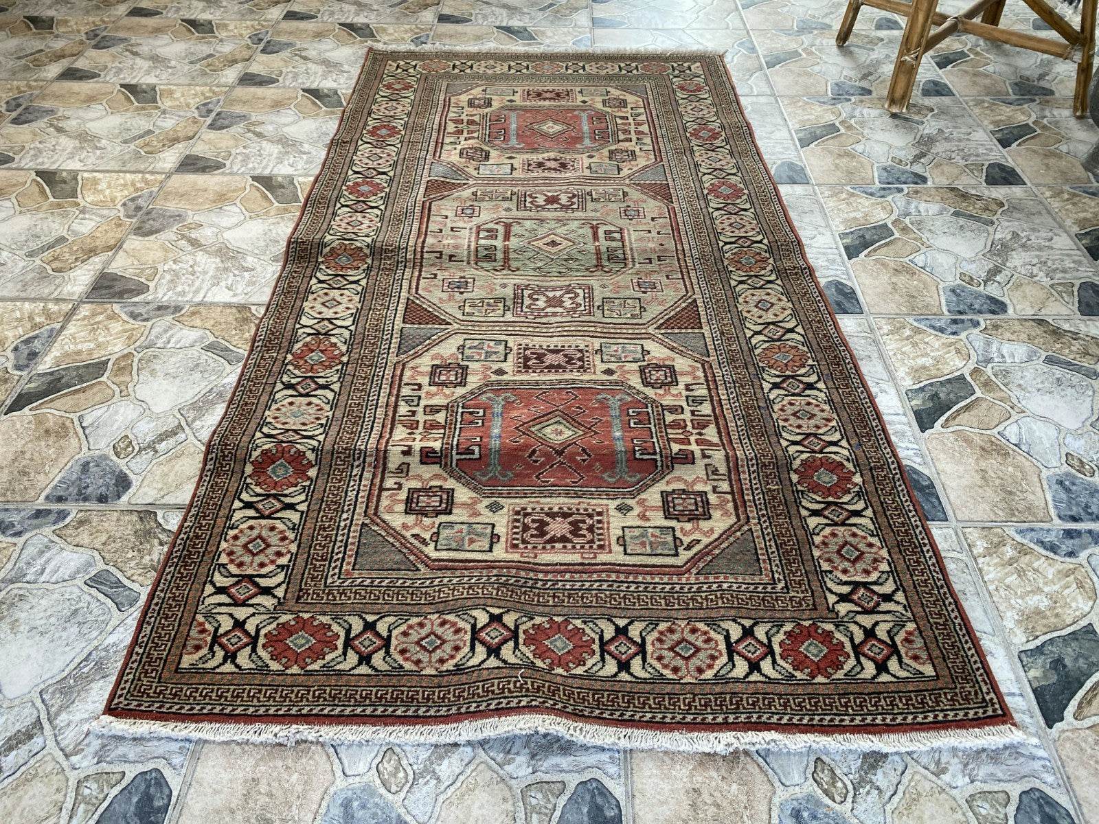 Vintage Turkish Wool Rug Hand-Knotted Antique Geometric Kayseri Tribal Area 3x6