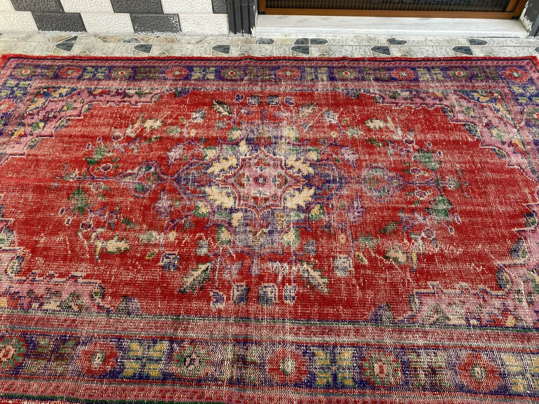 Vintage Hand-Knotted Wool Rug | 6.0 x 9.8 ft Anatolian Area Carpet Faded Tribal